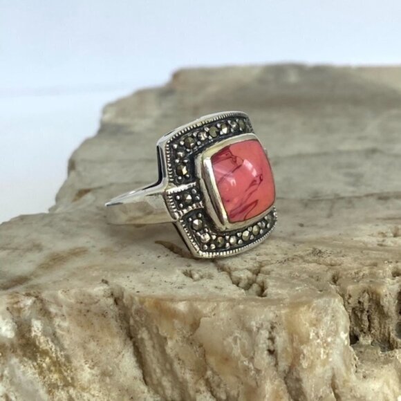 Sterling Silver 925 Square Pink Swirl Enamel Marcasite Halo Ring Sz 6.75 6g - Picture 4 of 16